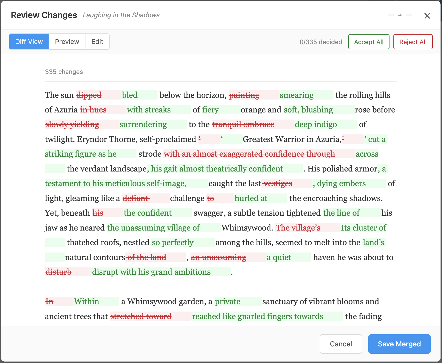 Merge review panel showing 335 changes, 0 decided