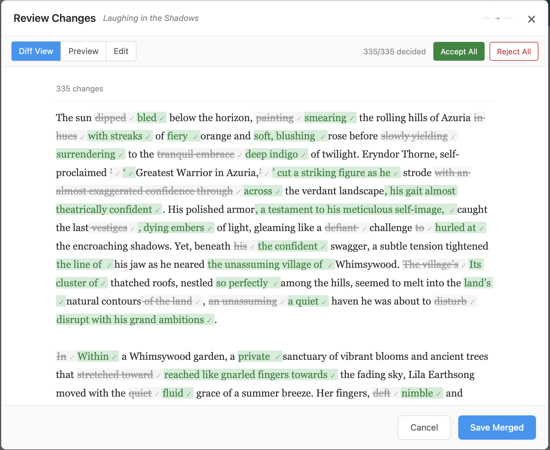 Merge review panel showing 335/335 decided with Save Merged
