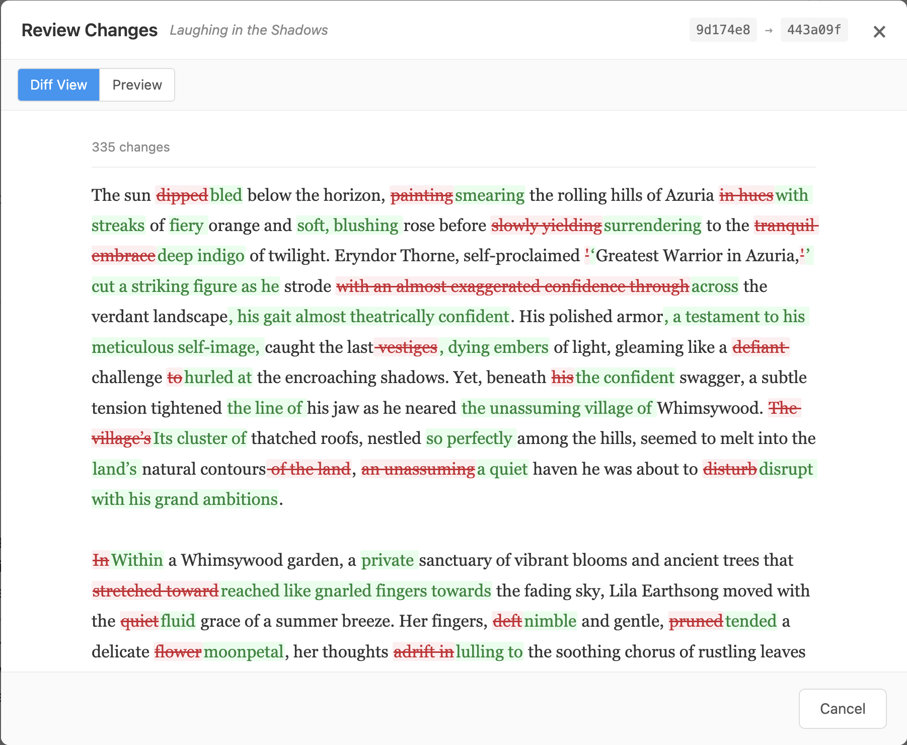 Inline diff showing word-level changes from a rewrite