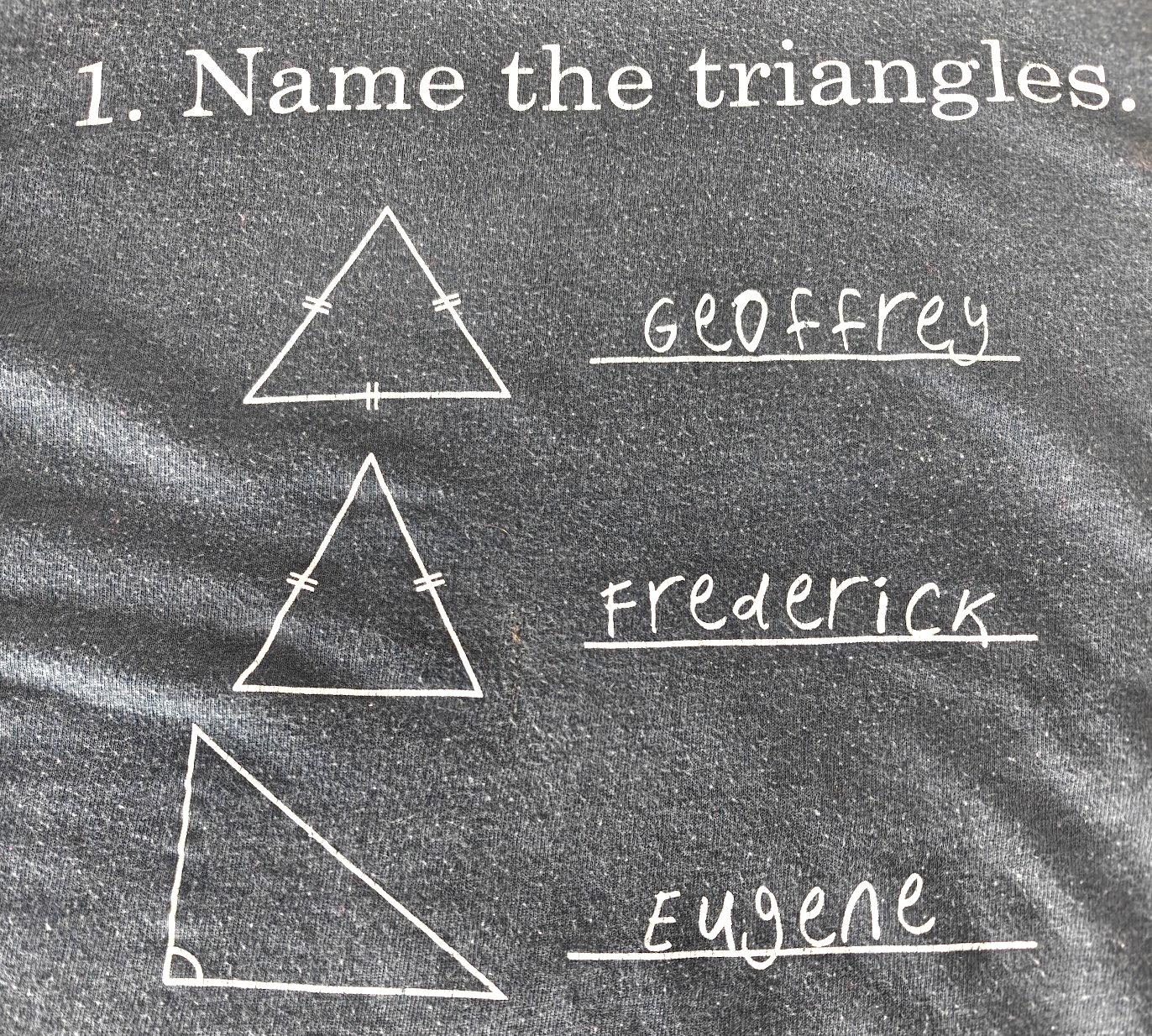A t-shirt showing three triangles labelled Geoffrey, Frederick and Eugene