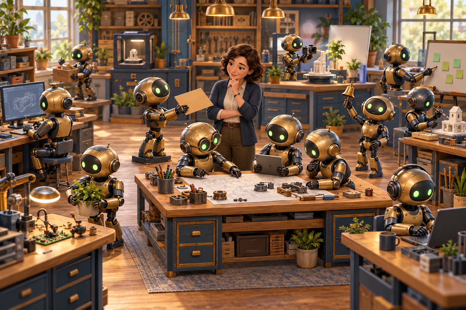 A human coordinating a team of AI agents at workbenches